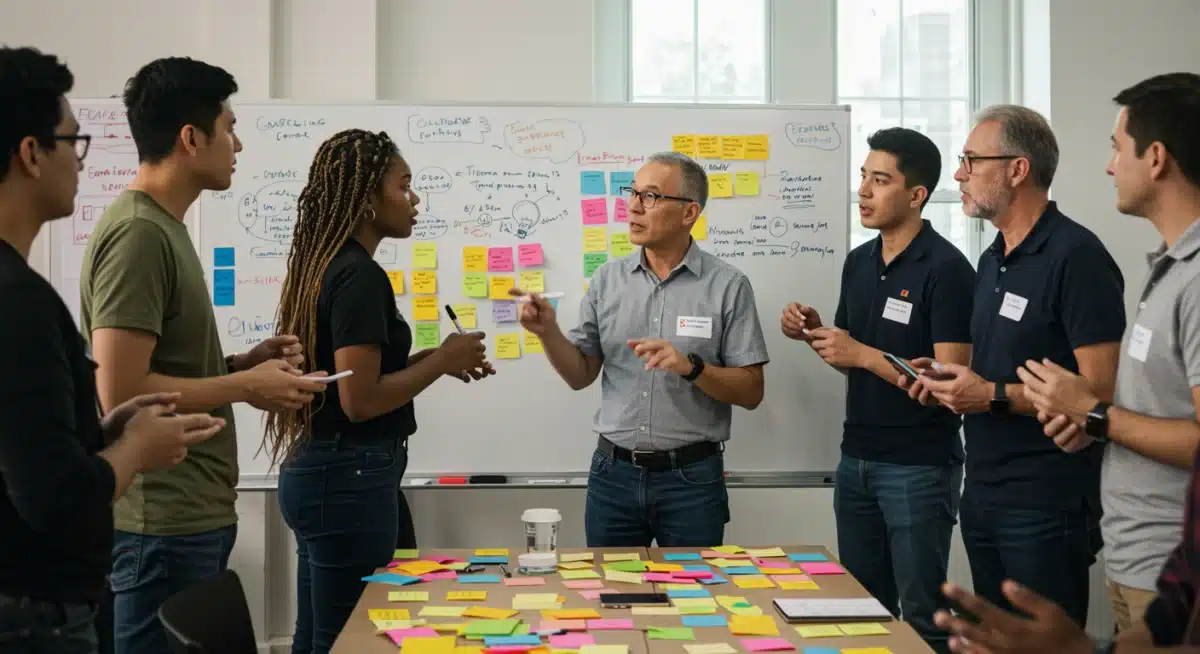 Team brainstorming solutions, demonstrating critical thinking and collaboration