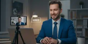 Professional man excelling in a virtual job interview on a laptop, symbolizing digital interview mastery.