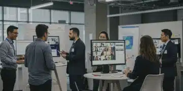 Professionals networking in a hybrid environment, blending virtual and in-person interactions.