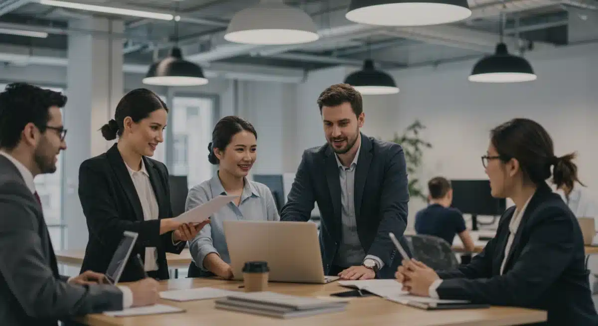Diverse professionals collaborating and exchanging ideas in a modern office.