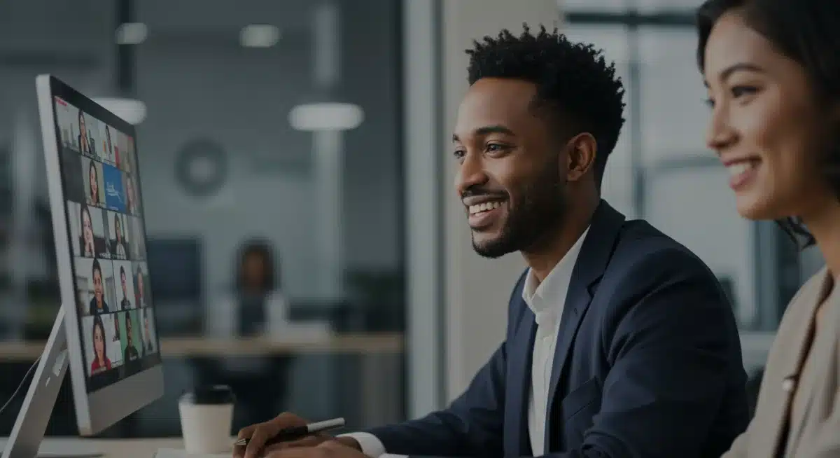 Person engaging in virtual professional networking on a laptop screen.