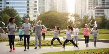 Adults practicing preventative health activities in a modern park setting