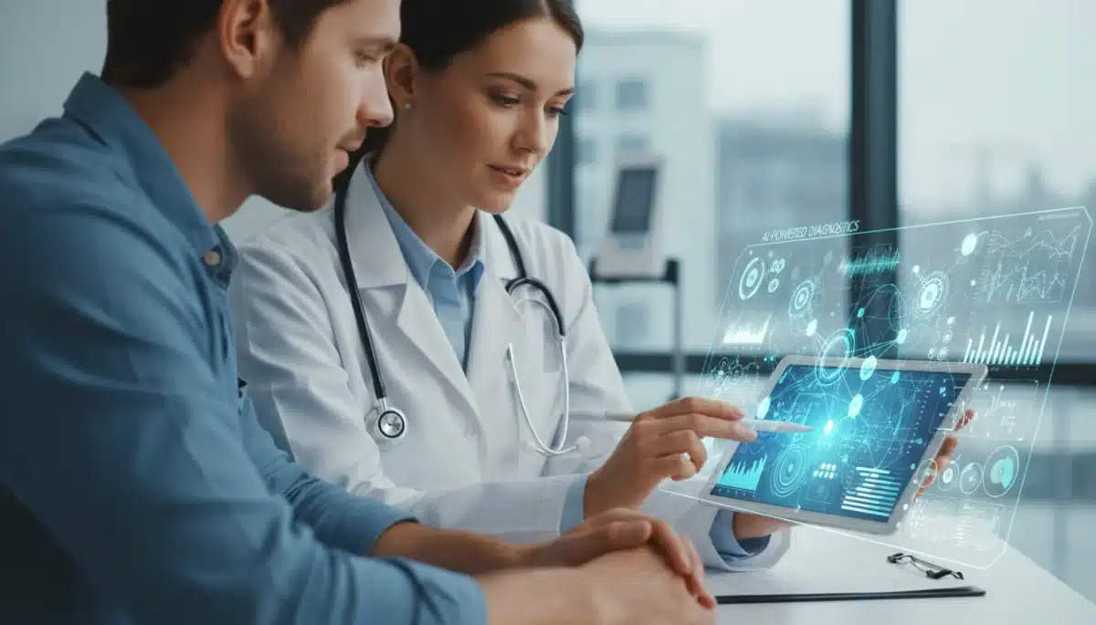 Doctor and patient reviewing AI-assisted diagnostic results in a modern clinic setting.
