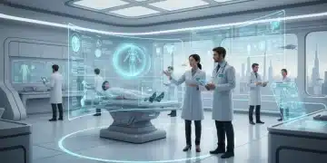 AI in healthcare diagnostics by 2026, showing doctors interacting with advanced AI systems for patient analysis.