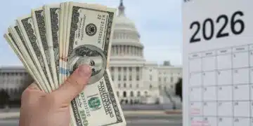 Hand holding money with 2026 calendar, symbolizing American Rescue Plan's impact on future benefits.