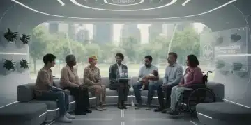 Diverse group in a modern therapy session, representing expanded mental health services access.