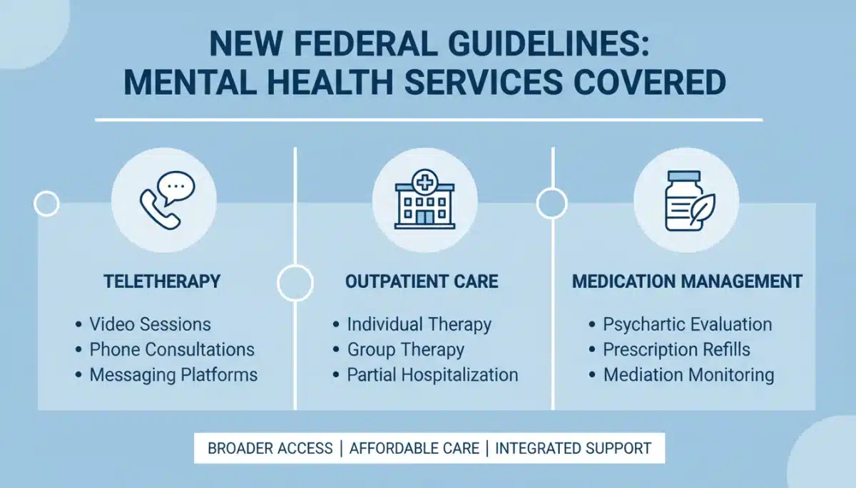Infographic detailing various mental health services covered by new federal guidelines.