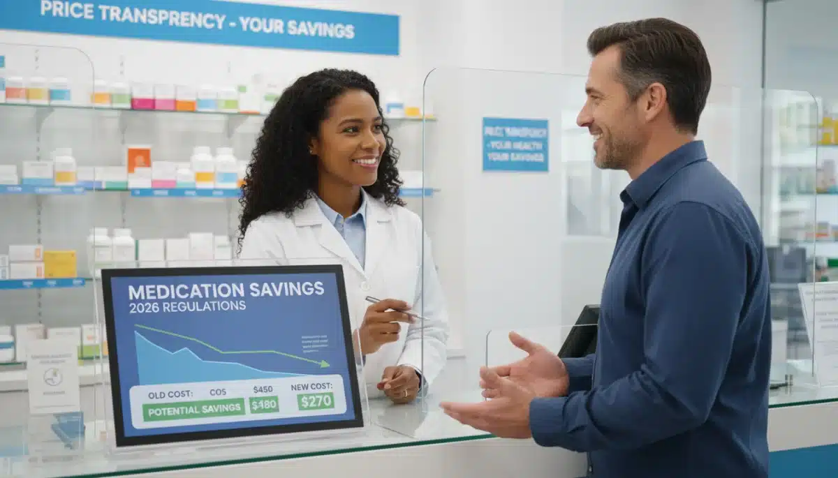 Pharmacist explaining new drug cost regulations to patient