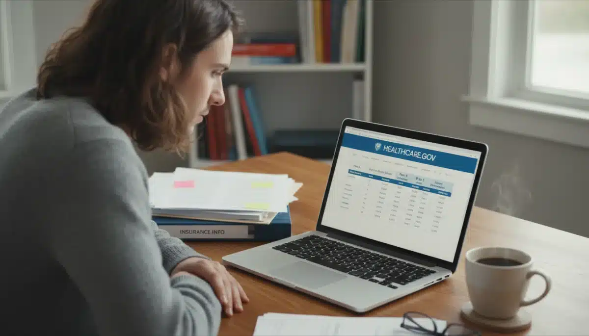 Individual researching health insurance plans online during open enrollment