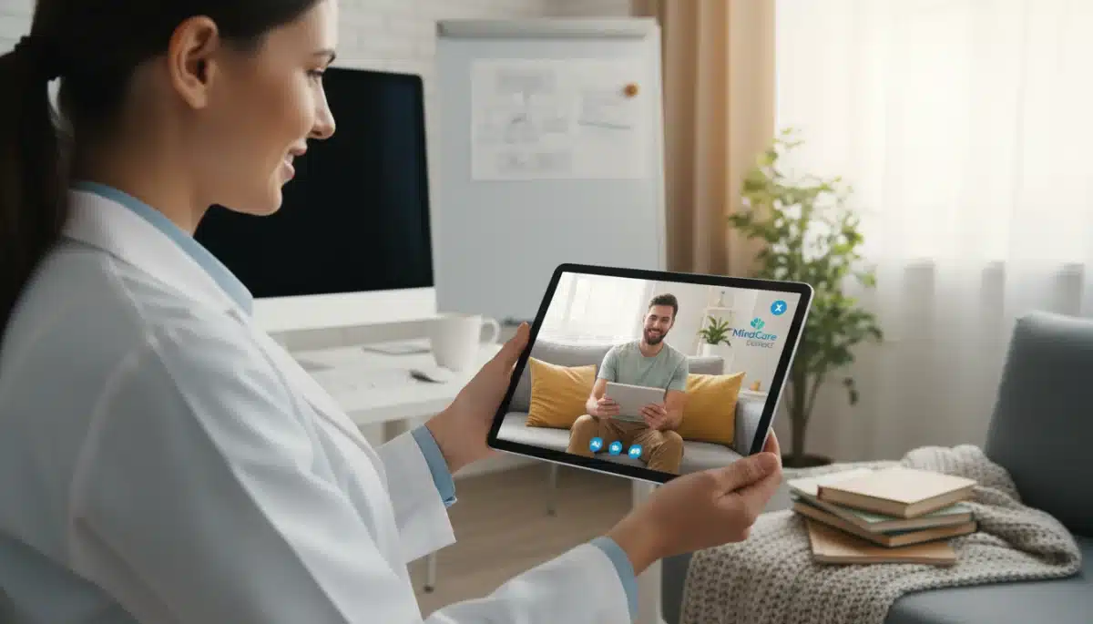 Telehealth consultation for mental health, patient interacting with doctor on tablet.