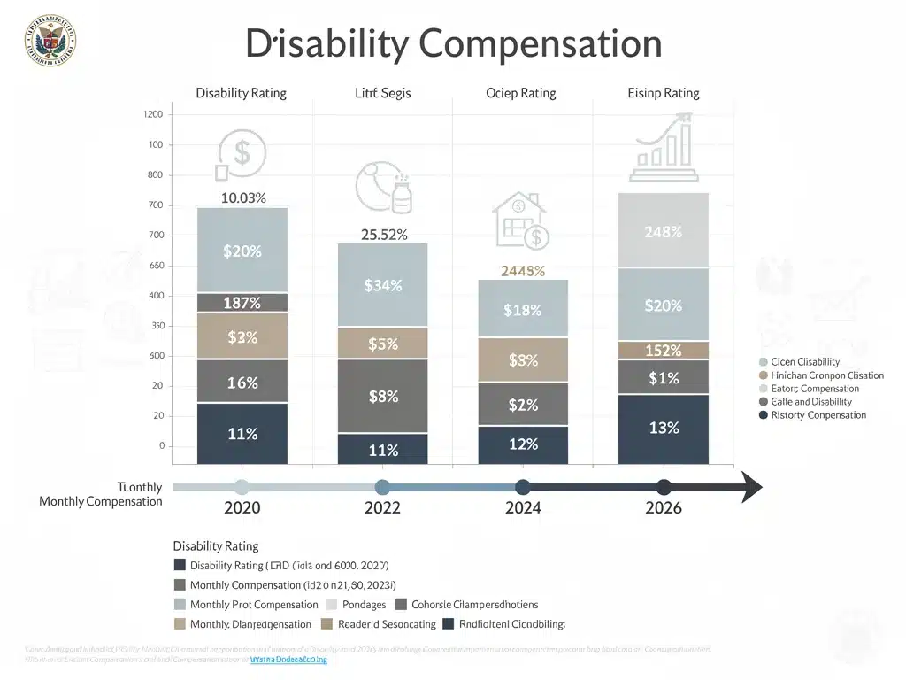 Infographic showing projected disability compensation rates for Veterans' Benefits 2026, illustrating financial comparisons.