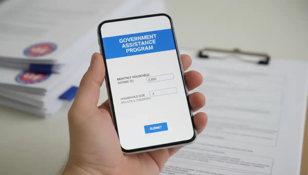 Hand filling out a digital SNAP application form on a smartphone.
