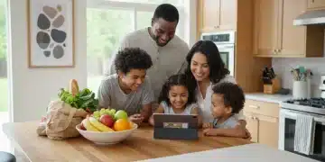 Family reviewing SNAP benefits information on a tablet in their kitchen.
