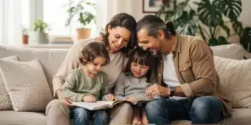 Happy family with two children in a living room, symbolizing financial well-being from tax credits.