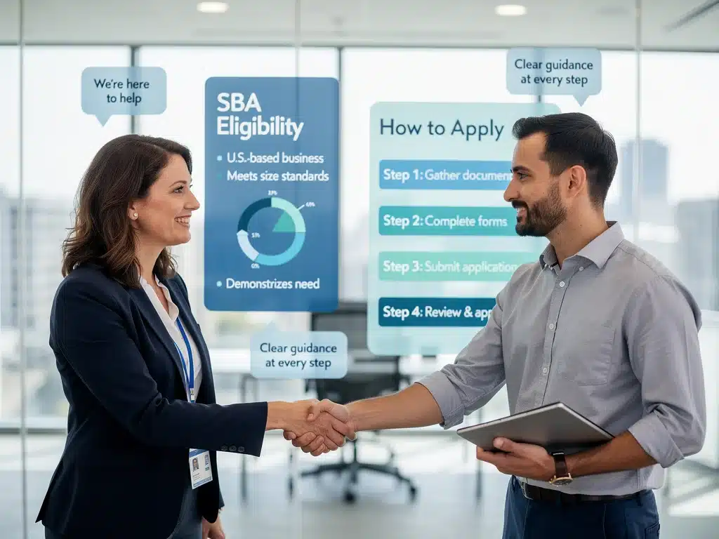 SBA representative assisting a small business owner with eligibility requirements.