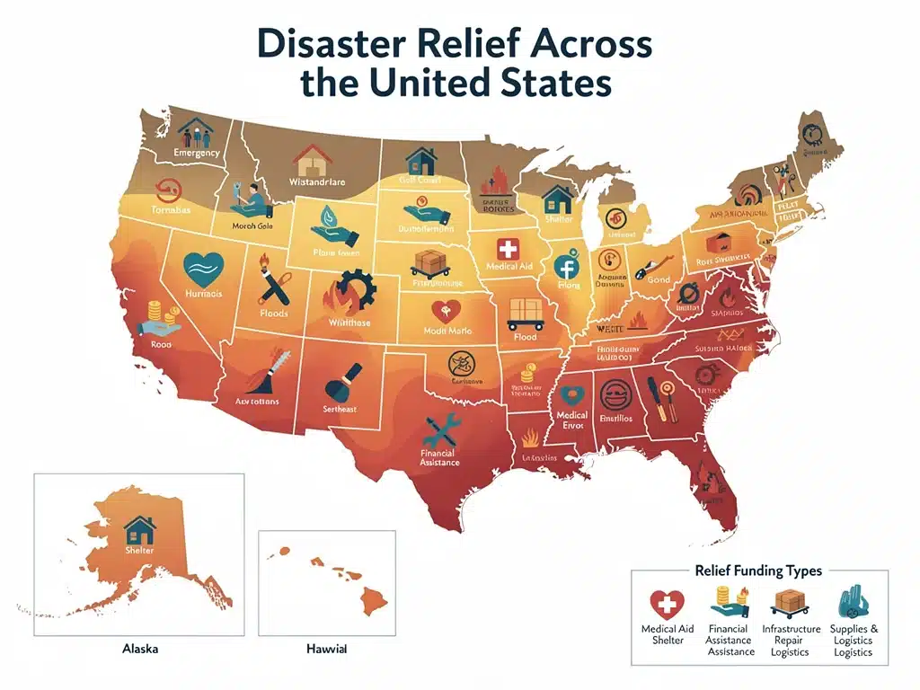 Map of US regions impacted by natural disasters and SBA relief.
