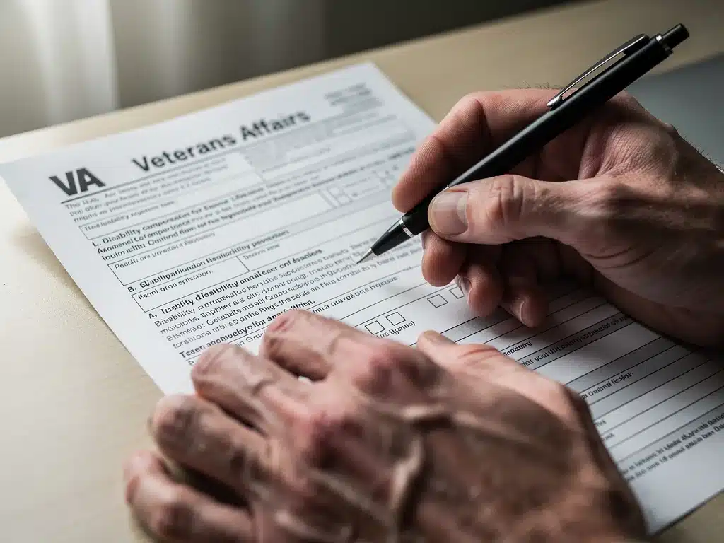 Hands filling out a VA disability compensation application form, highlighting the application process for Veterans' Benefits 2026.