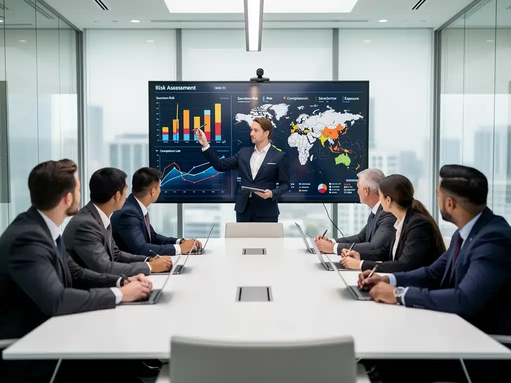 Business team discussing geopolitical risks and sanctions strategy