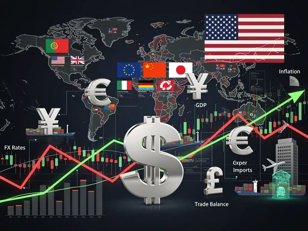 Economic indicators and national flags illustrating global trade impacts of elections.