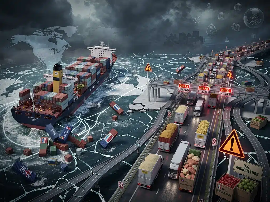 Fractured supply chain with disrupted cargo ships and trucks.