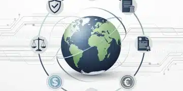 Global compliance map with interconnected lines and regulatory symbols