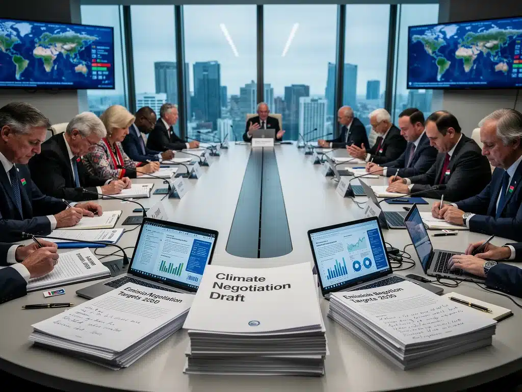 International diplomats negotiating climate change accords and their impact on energy policy.