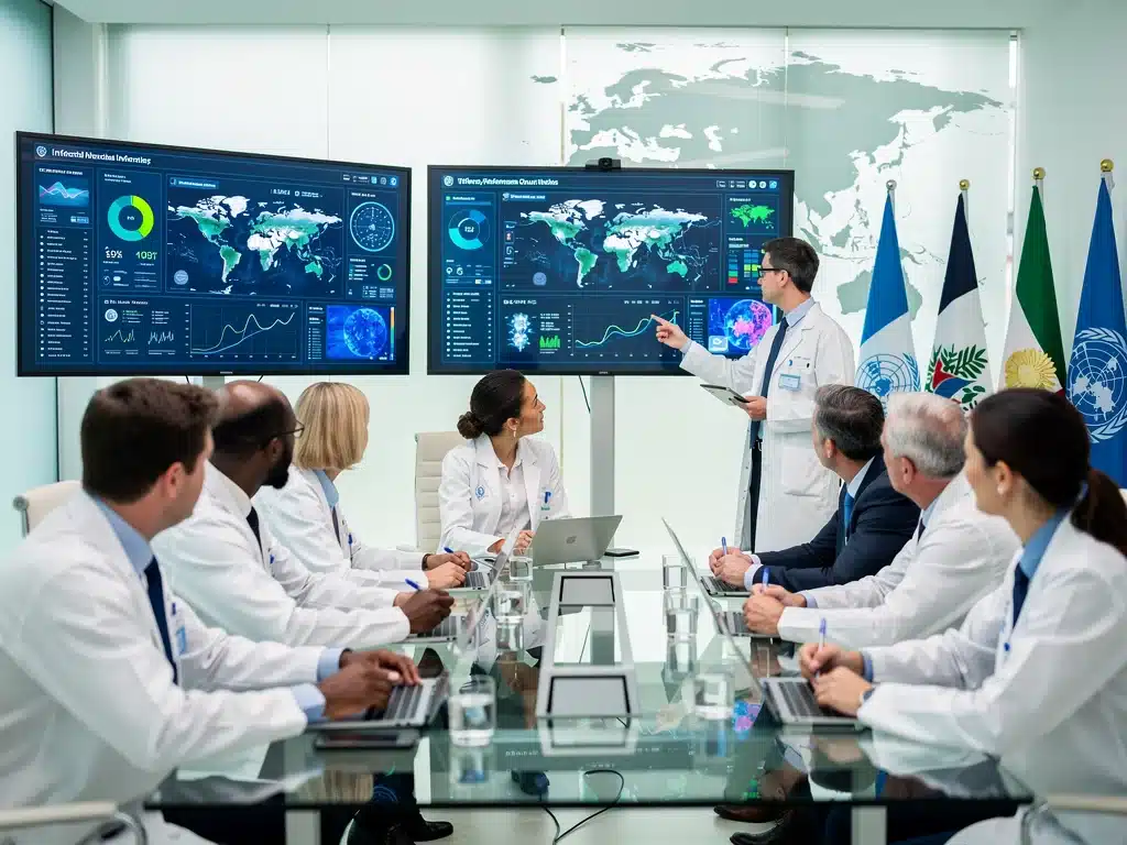 Scientists and policymakers collaborating on global health security data, symbolizing international cooperation and research efforts.