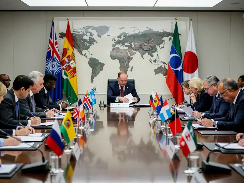 Diplomats discussing global policy and alliance shifts after international elections.