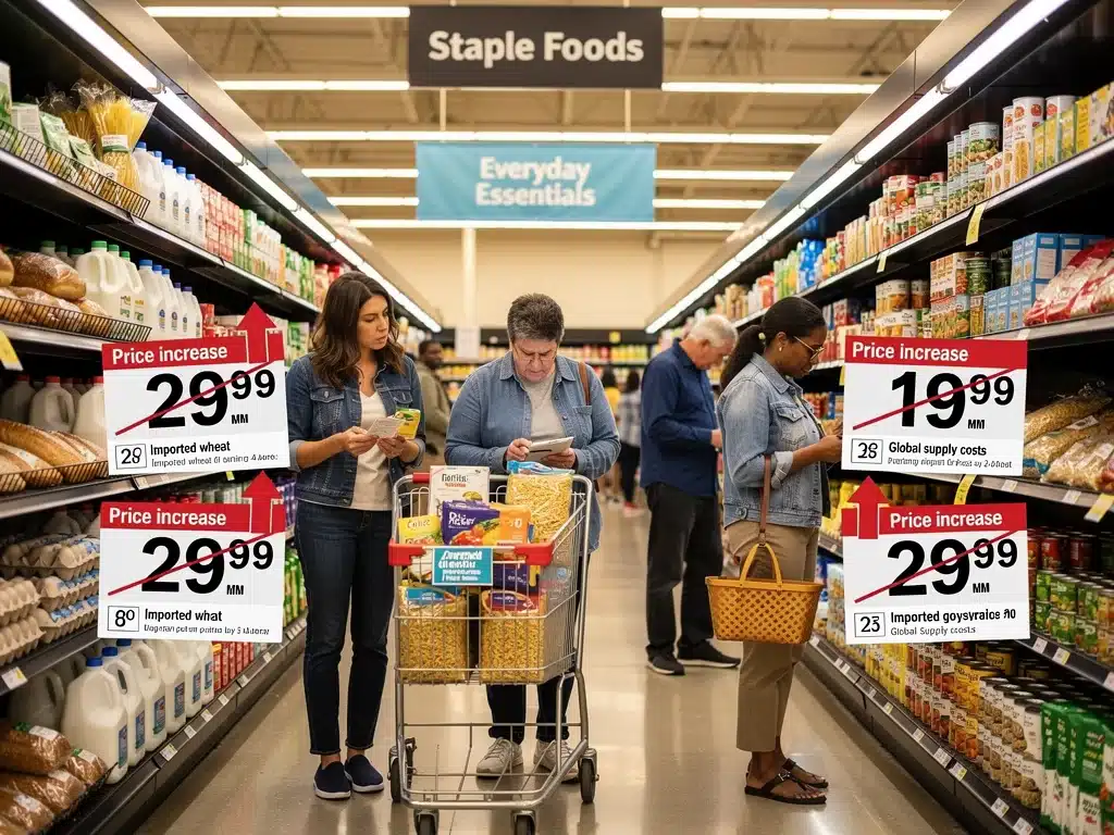 Supermarket aisle displaying rising prices on food items.
