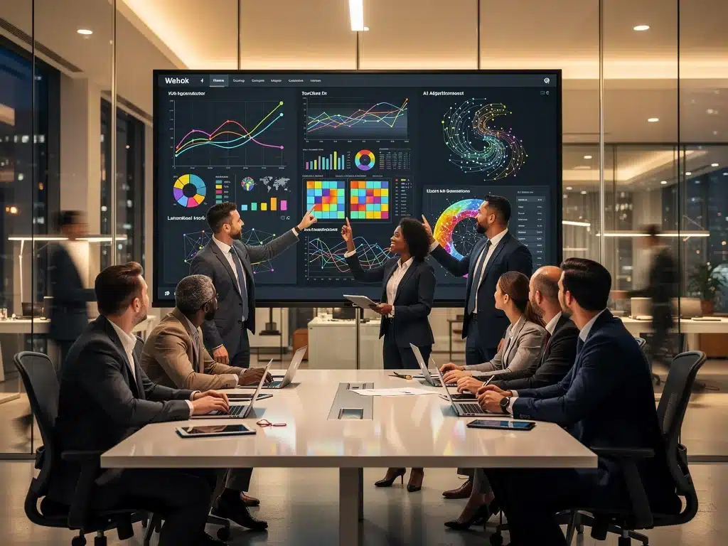 Professionals working on AI and data analytics projects in a high-tech office.