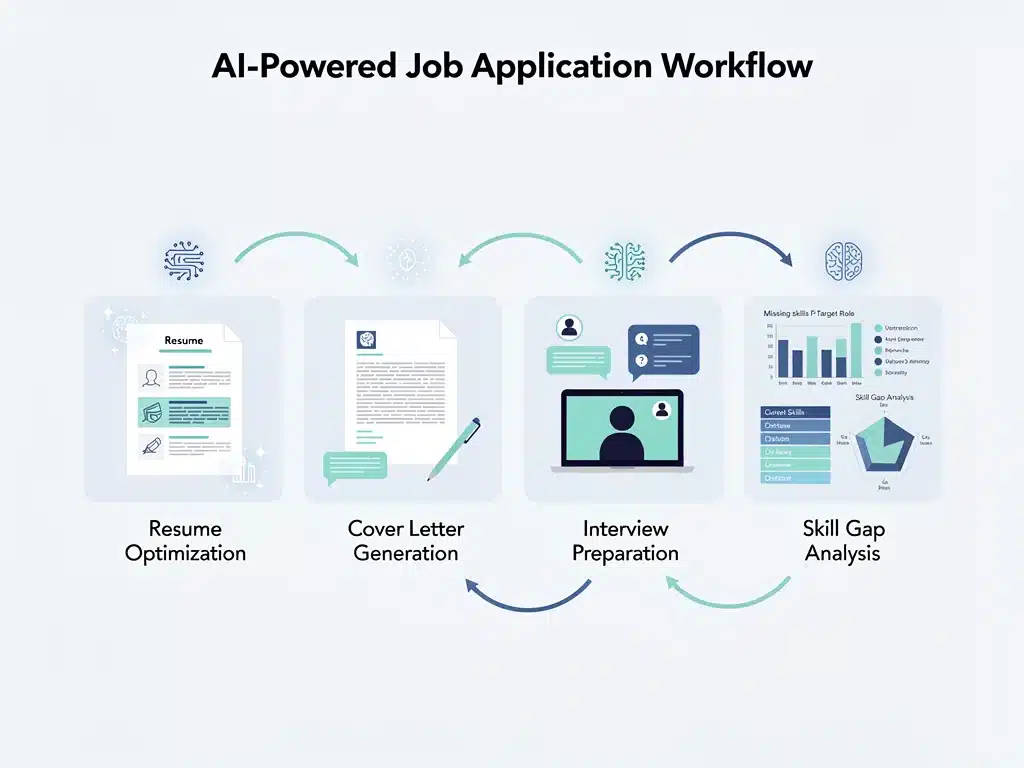 Workflow diagram of generative AI assisting with job applications.