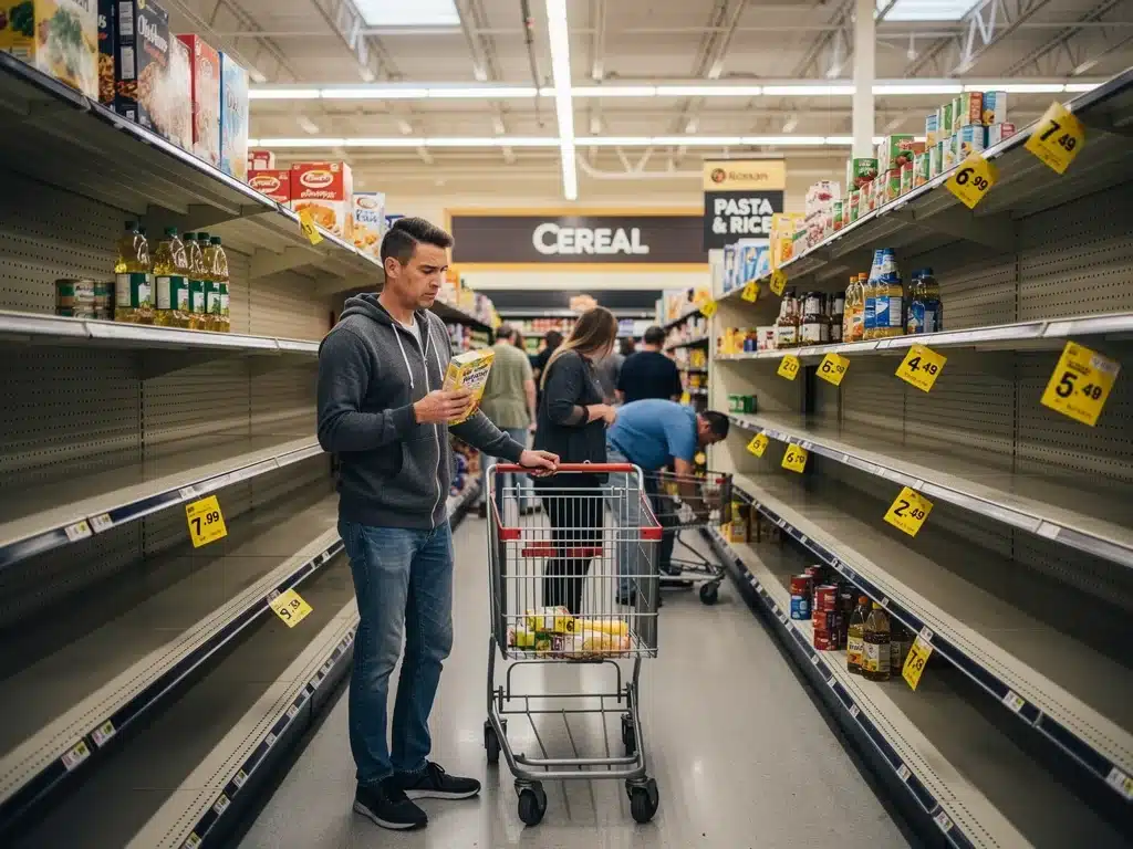 Empty shelves in a U.S. grocery store, illustrating the impact of food shortages and rising prices.