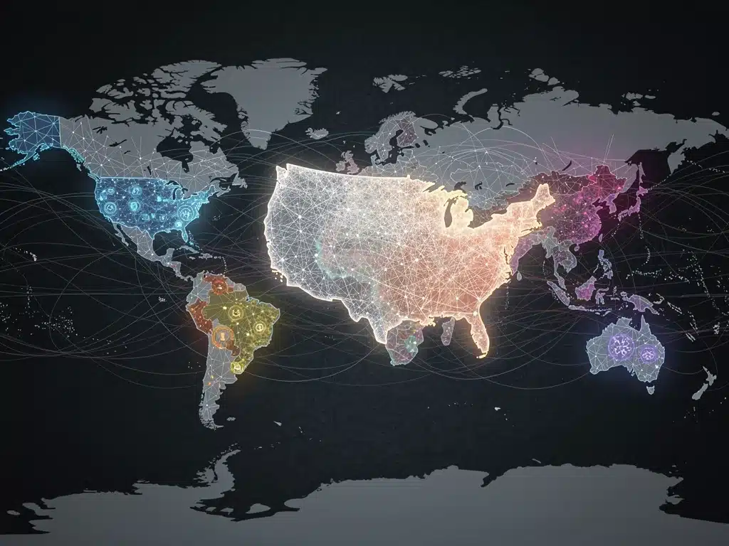 Abstract global network showing U.S. diplomatic and legal interconnections.