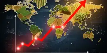 Global map showing agricultural areas and rising food prices, symbolizing the global food security crisis and its economic impact.