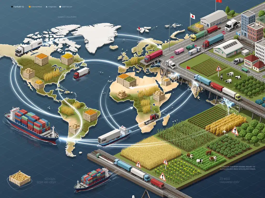 Complex global food supply chain with ships and trucks, showing international trade routes.