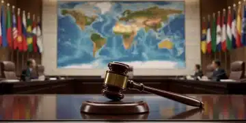 International courtroom with flags, gavel, and global map symbolizing international law and U.S. diplomacy.