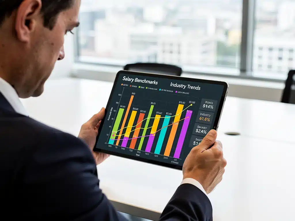 Individual researching salary benchmarks and industry trends on a tablet for effective negotiation.