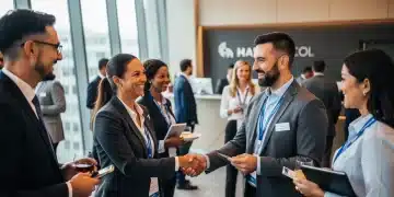 Professionals networking at a career event, exchanging business cards and engaging in conversation. maximize your professional network.