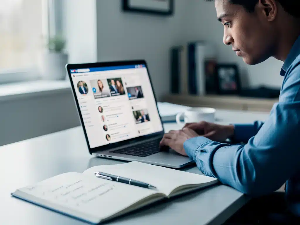 Individual planning networking strategy on a laptop, with a notebook for notes.
