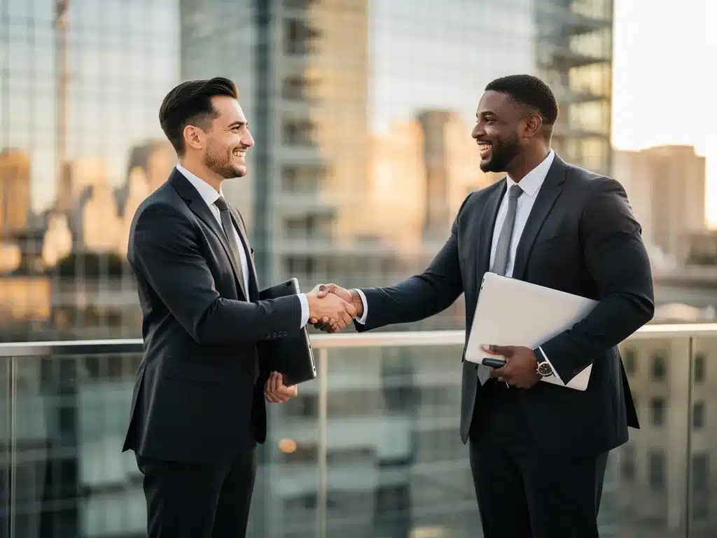 Two professionals shaking hands, symbolizing a successful networking outcome.