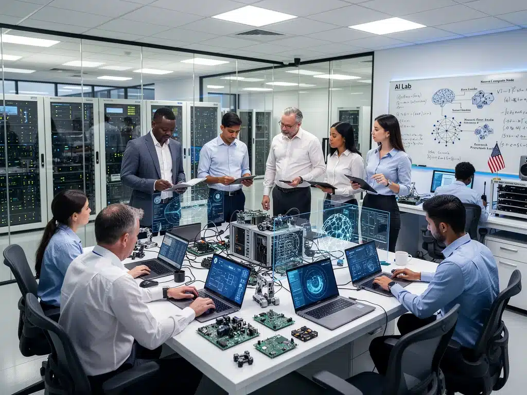 Scientists and engineers collaborating on advanced AI and computing research in a modern U.S. lab.