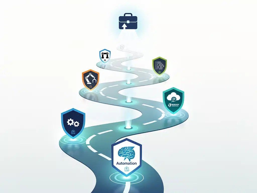 Career roadmap with automation certification logos for professional growth.