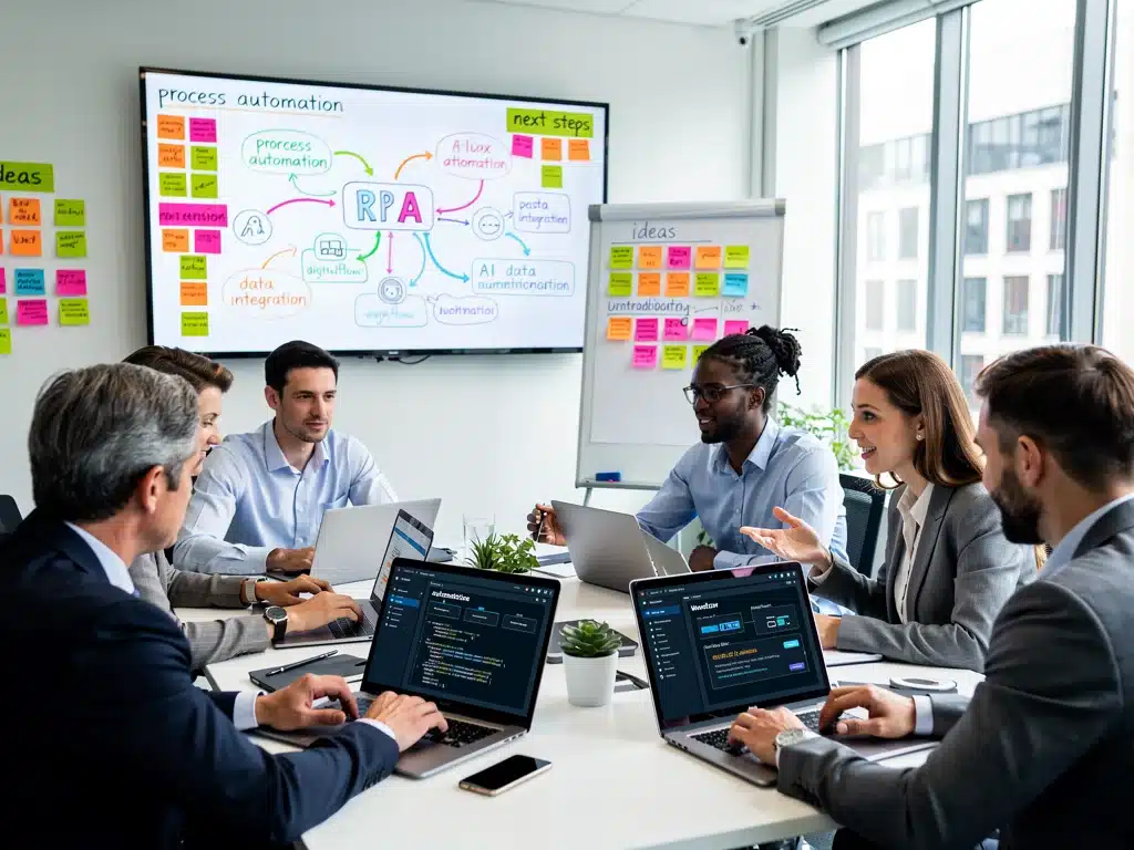 Professionals learning automation skills in a collaborative setting.