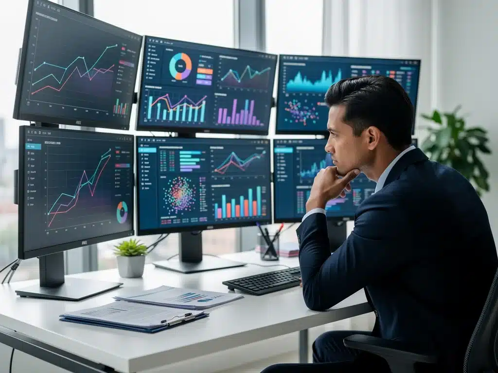 Professional analyzing data, representing critical thinking in a modern office.