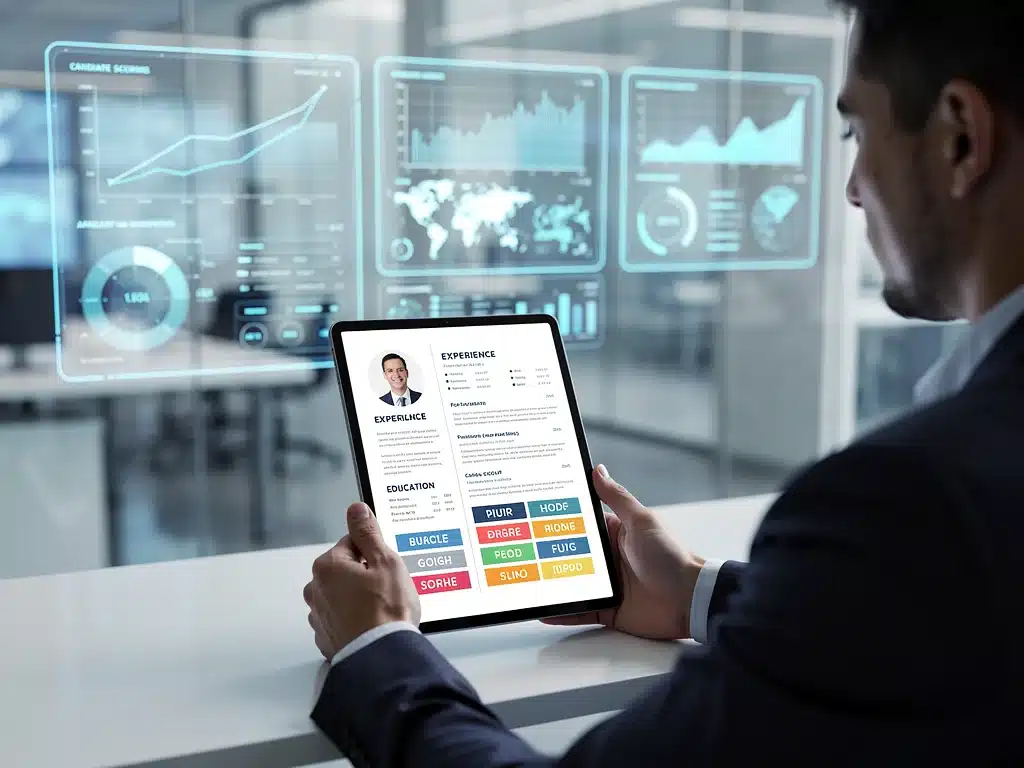 Digital resume on tablet with AI analytics, highlighting future screening methods.