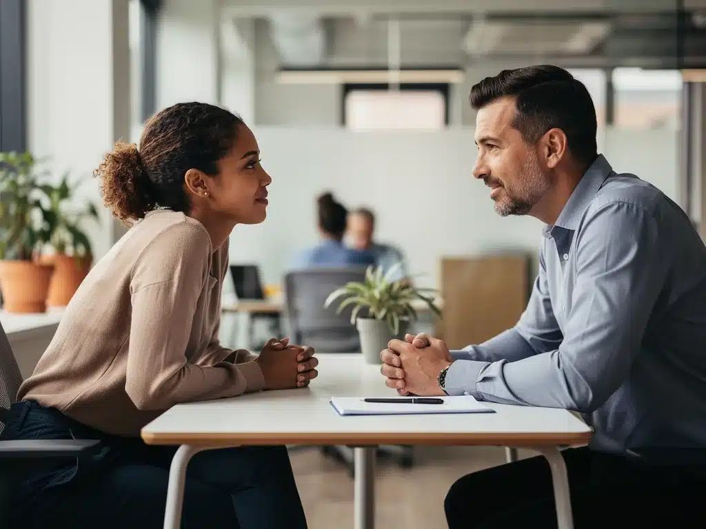 Colleagues demonstrating emotional intelligence through empathetic communication.