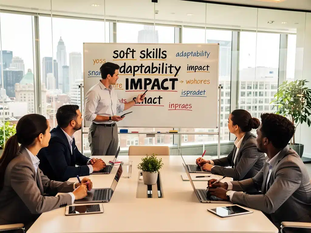Professionals collaborating, highlighting soft skills and adaptability for future job roles.