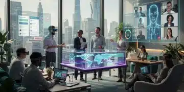 Futuristic office with diverse professionals collaborating on advanced tech, representing new employment models.