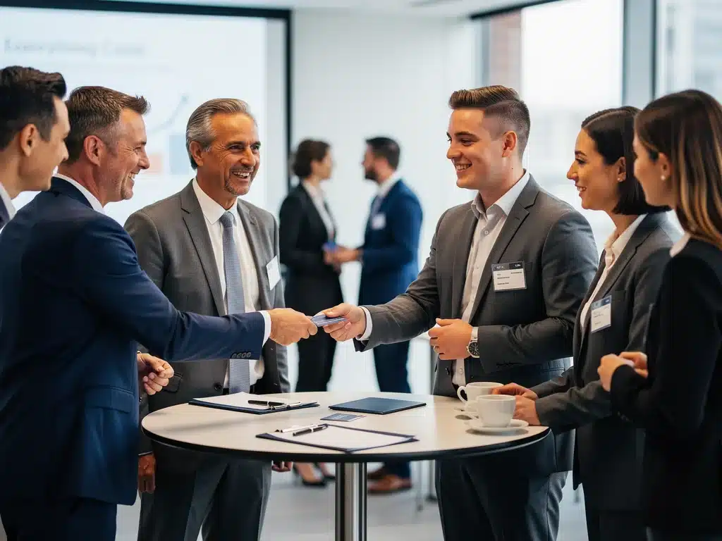 Professionals networking and collaborating at a career development workshop, highlighting community and shared learning.