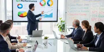 Professionals conducting a quarterly performance review in a modern office, discussing 2026 strategy.